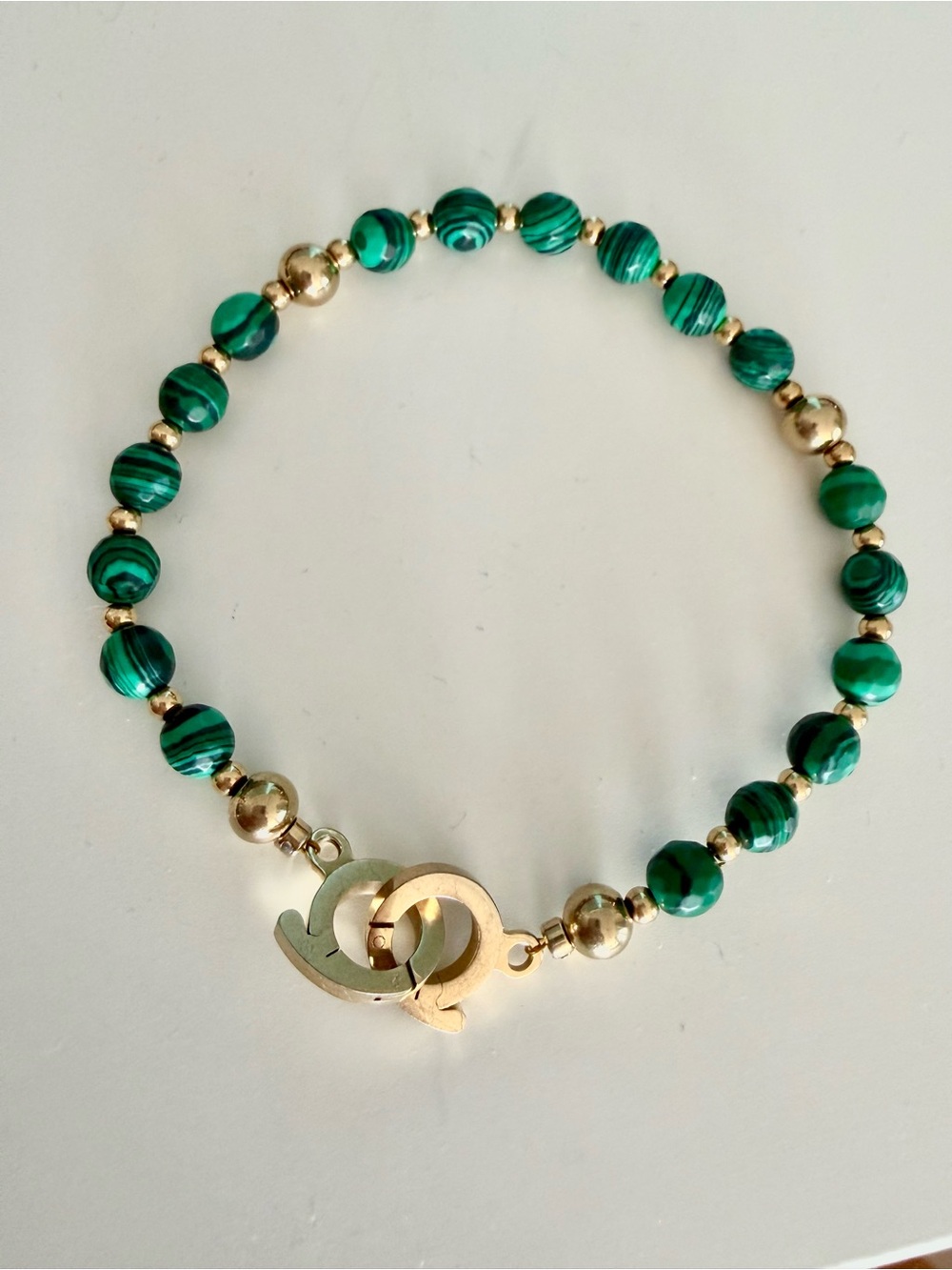 Italgem Steel Malachite Bracelet Men's Women’s Green Stone Beads Size 7.5” Boho